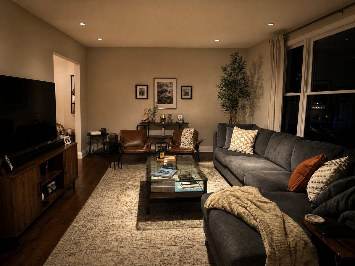 The same living room with glare-controlled, shielded downlights and soft even light
