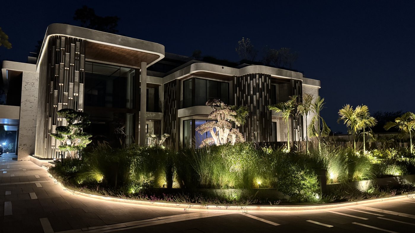 Kataria Residence at night showing architectural lighting design, Ahmedabad